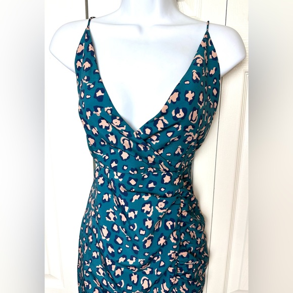 SUPERDOWN Revolve Mia Mini Dress Leopard Animal Print Blue Green Teal Ruched - Picture 6 of 15